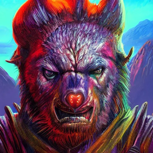 Prompt: bright, colorful, realistic, detailed from Elder Scrolls: shivering isles concept portrait monster wear-bear backlighting, kodachrome, high contrast, highly detailed, sharp focus, digital painting, concept art, illustration, trending on artstation, comic book by Alex Ross and Adam Adamowicz cover art