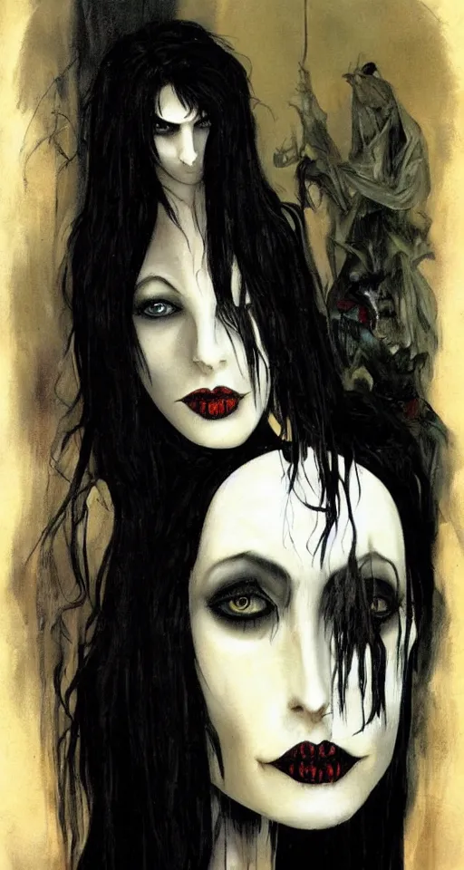 Image similar to painting of a tall, pale woman dressed in black with messy black hair, creepy, gothic, by Gerald Brom and Dave McKean,