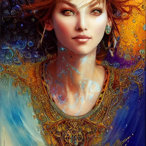 Prompt: a beautiful woman wearing a kaftan manipulating water by karol bak, ayami kojima, artgerm, river, water, blue eyes, smile, concept art, fantasy