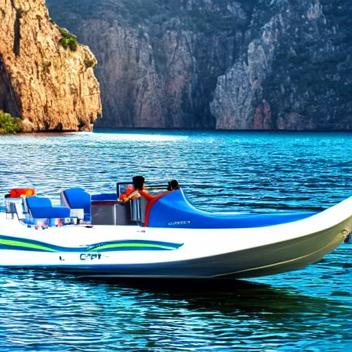 Image similar to a beautiful jet boat on the lake, Greece, in the style of Miami vice, reflective, clear water, cliffs, beach, sunset