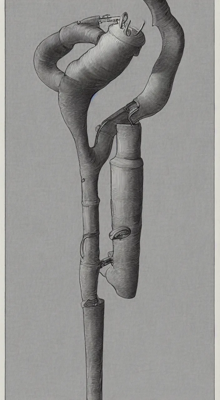 Prompt: a wind instrument with ceramic pipes shaped like a human larynx, in the style of a color anatomical illustration, 8k,