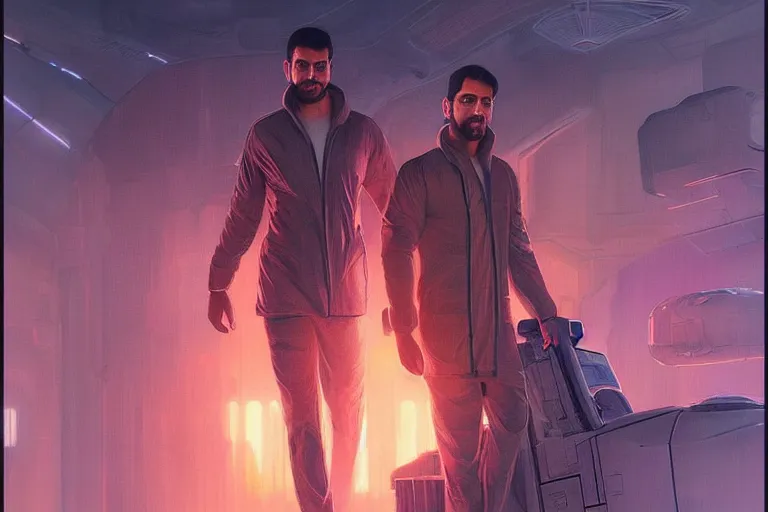 Image similar to Sensual good looking pale young Indian doctors wearing Blade Runner 2049 clothing in a space station above Earth, portrait, elegant, intricate, digital painting, artstation, concept art, smooth, sharp focus, illustration, art by artgerm and greg rutkowski and alphonse mucha