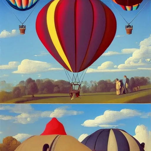 Image similar to an outdoor hot-air-balloon-museum-exhibit by Raphael, Hopper, and Rene Magritte. detailed, romantic, enchanting, trending on artstation.