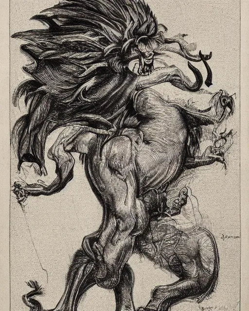 Image similar to a creature with the body of a man, beak of an eagle, the mane of a lion, and the horns of an ox. drawn by francis bacon