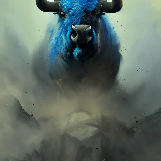 Image similar to angry blue bison portrait by greg rutkowski and frank frazetta, dark fantasy, blue, artstation