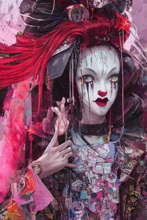 Image similar to by kyoto animation, very creepy clown girl, wearing cyberpunk intricate streetwear, beautiful, detailed portrait, intricate complexity, ilya kuvshinov, cell shaded, 4 k, concept art, by wlop, ilya kuvshinov, artgerm, krenz cushart, greg rutkowski, sharp focus, volumetric lighting, cinematic lighting, studio quality