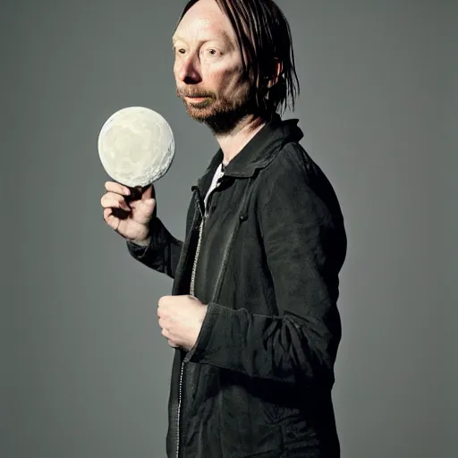 Image similar to Radiohead singer Thom Yorke, holding the moon upon a stick, with a beard and a black jacket, a portrait by John E. Berninger, dribble, neo-expressionism, uhd image, studio portrait, 1990s