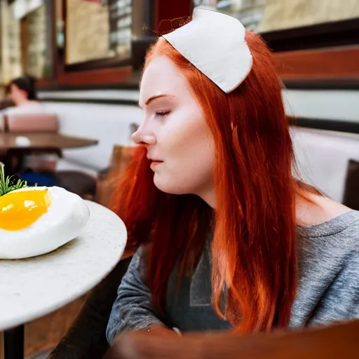 Prompt: young red headed woman sitting in a restaurant, poached egg on her head