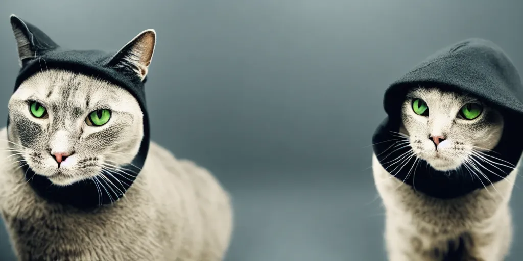 Image similar to a close up sad cat wearing a black hoodie, black hat, studio potrait, dramatic lighting, black background, highly detailed