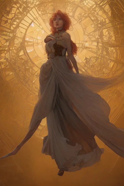 Image similar to a girl wearing a golden dress, grey hair, red necktie, cinematic, stunning, highly detailed, digital painting, artstation, smooth, hard focus, full body shot, illustration, art by artgerm and greg rutkowski and alphonse mucha