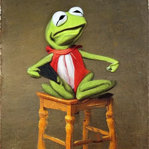 Prompt: portrait of Kermit the frog sitting on a stool, 1700s oil painting, antique