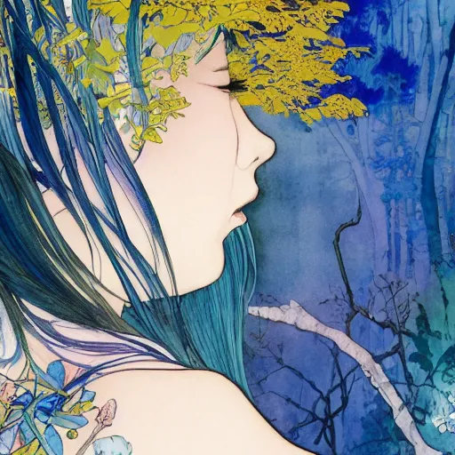 Image similar to side view a beautiful and inspiring intricate watercolor illustration artwork bright blue hair japanese beautiful sweet girl in the forest, feeling the nature, eyes closed, 4 k, ultra - wide angle, by william turner, by victo ngai, by alphonse mucha, by miho hirano, hd, trending on artstation, hyper detailed, muted colors, inspiring, beautiful, energetic