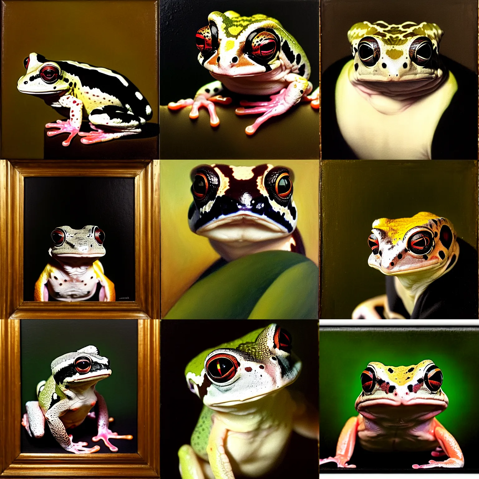 Prompt: a head - and - shoulders portrait of an amazon milk frog wearing a black jacket and looking off camera, an american romanticism painting, a portrait painting, cgsociety, soft focus, oil on canvas