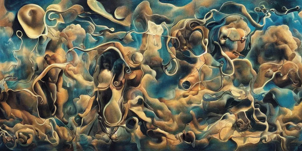 Image similar to Pure chaos of the mind wondering throught the universe, surrealism