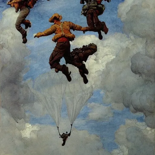 Prompt: airborne paratroopers jumping from parachutes, style of arthur rackham and eugene de blaas and frederic leighton