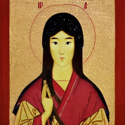 Image similar to portrait of asian looking girl in iconography style andrei rublev glitter