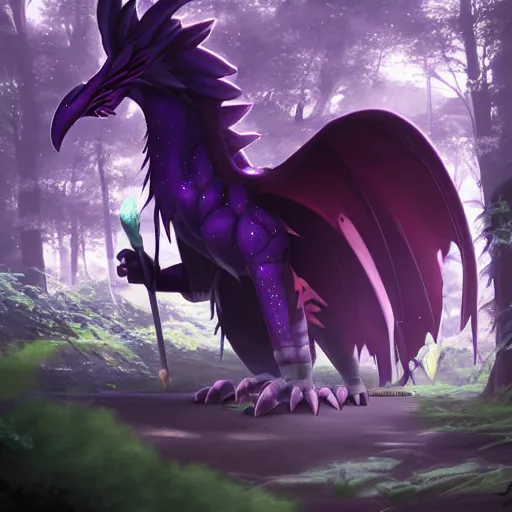 Image similar to concept art painting of an anthropomorphic purple anime anthro dragon, in the deep forest, realistic, detailed, cel shaded, in the style of makoto shinkai and greg rutkowski and james gurney