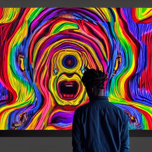 Image similar to art curator looking at a screen with a chat interface, recursive, in the style of grand chamaco and stanley kubrick, inspired by kendrick lamar, photorealistic, epic, super technical, cinematic still