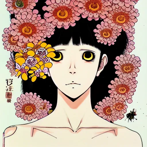 Image similar to prompt: Fragile portrait of singular persona covered with flowers illustrated by Katsuhiro Otomo, inspired by Evangeleon anime, smaller attributes, eyepatches, illustrative gouache style, intricate ink and gouache painting detail, manga and anime 1990