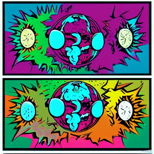 Image similar to 2 planet collapse particle fusion element macro cosmic art by butcher billy, sticker, colorful, illustration, highly detailed, simple, smooth and clean vector curves, no jagged lines, vector art, smooth andy warhol style