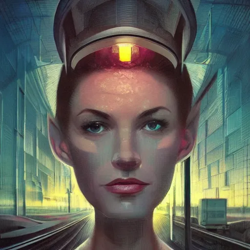 Image similar to detailed face of a woman, clockwork, moment, tectonic sky, skydome, bullet train, turbines, utopian, tech noir, wet reflections, prism, atmospheric, ambient, pj crook, syd mead, livia prima, artgerm, greg rutkowski, nick alm, casey baugh