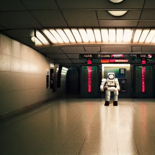 Image similar to a beautiful photo of an astronaut waiting in a subway station, 1970', soft light, morning light, photorealistic, realistic, octane, 8k, cinematic shot