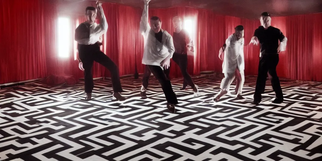 Image similar to succession, logan roy and kendall roy are dancing in the red room from twin peaks. black and white floor, zig zag, twin peaks, strange