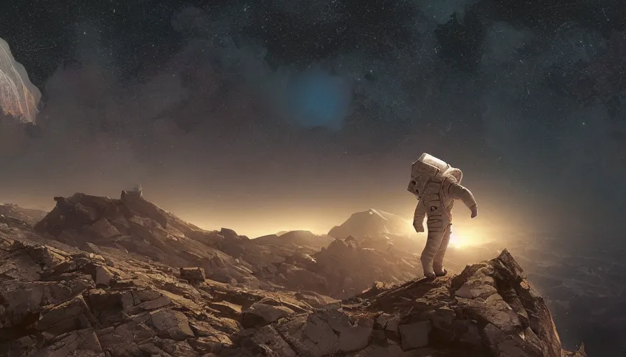 Image similar to american astronaut standing on a top of a mountain, mid shot,, starry night, moonlit, cinematic lighting, atmospheric, realistic, octane render, highly detailed, color graded, in the style of craig mullins