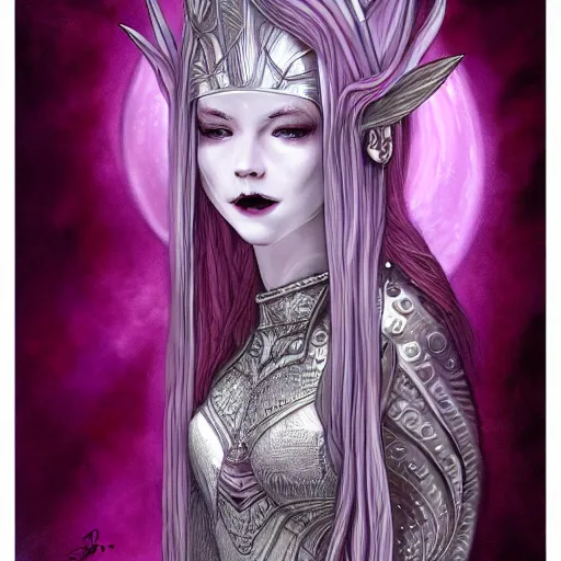 Prompt: portrait of young slim smiling prophetess of the moon, silver filigree armor and tiara, purple hair, translucent skin, beautiful! coherent! by brom, by junji ito, strong line, high contrast, muted color