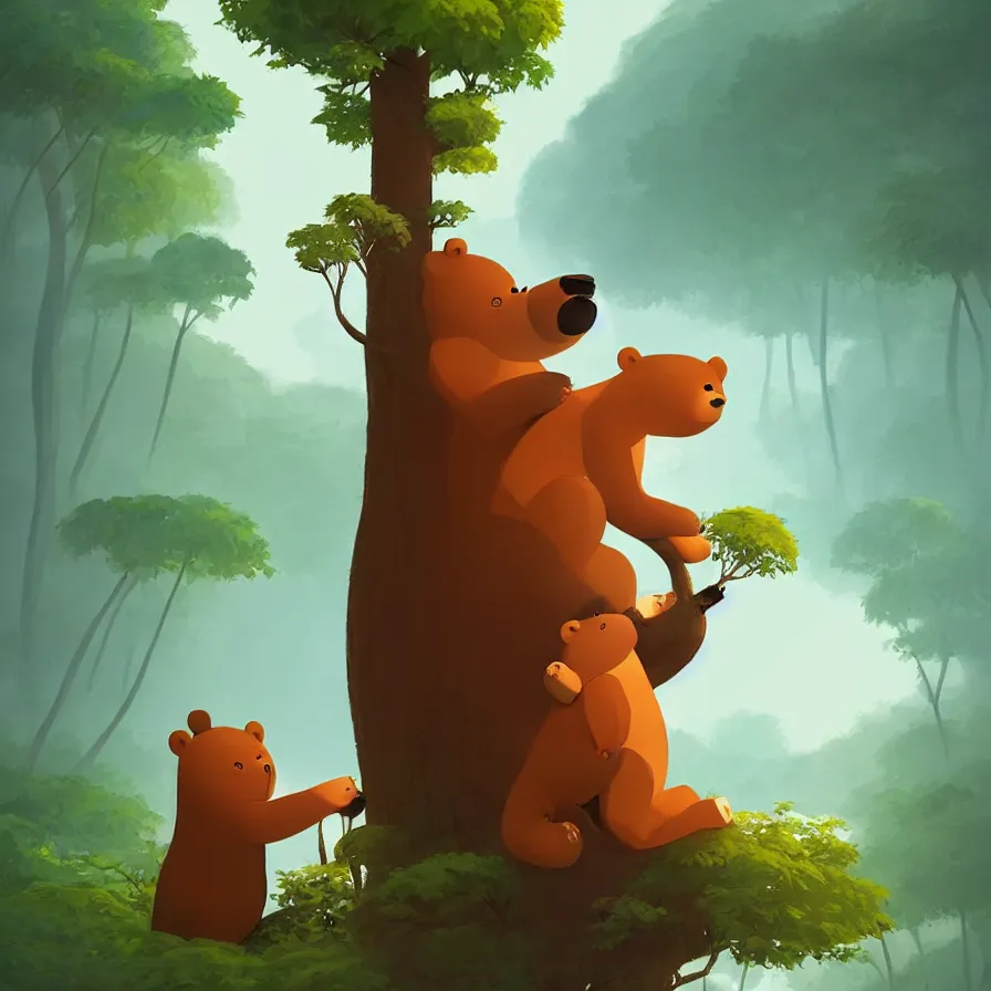 Image similar to A bear hugging a tree while sailing down the river. A river that crosses the jungle where there is a bear sailing, art by Goro Fujita, ilustration, concept art, sharp focus, ArtStation, Deviantart