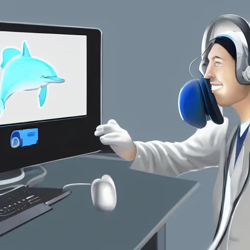 Image similar to An anthropomorphic grey dolphin wearing a white lab-coat and playing games on a computer, digital painting, close-up, wearing a headset