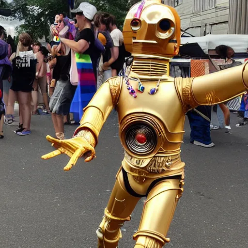 Image similar to c 3 po at a pride festival