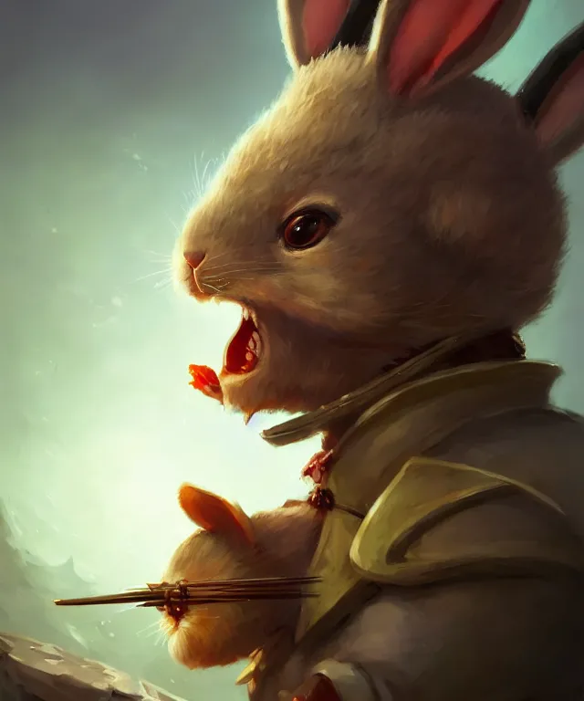 Image similar to a portrait an anthropomorphic rabbit samurai eating dim sum, landscape in background, cute and adorable, dnd character art portrait, well rendered matte fantasy painting, deviantart artstation, by jason felix by steve argyle by tyler jacobson by peter mohrbacher, cinematic lighting