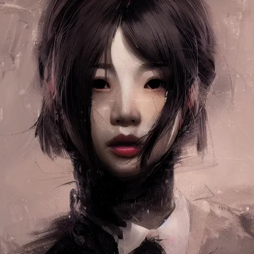 Image similar to portrait of a beautiful korean girl wearing a men's tuxedo, with bangs, very long hair and bangs, angular features, angry expression, dramatic lighting, illustration by Greg rutkowski, yoji shinkawa, 4k, digital art, concept art, trending on artstation