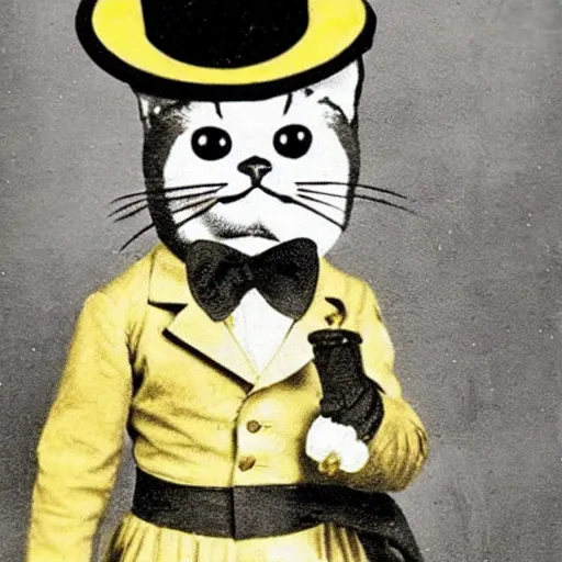 Image similar to a yellow cat with a top hat and a monocle, vintage photo