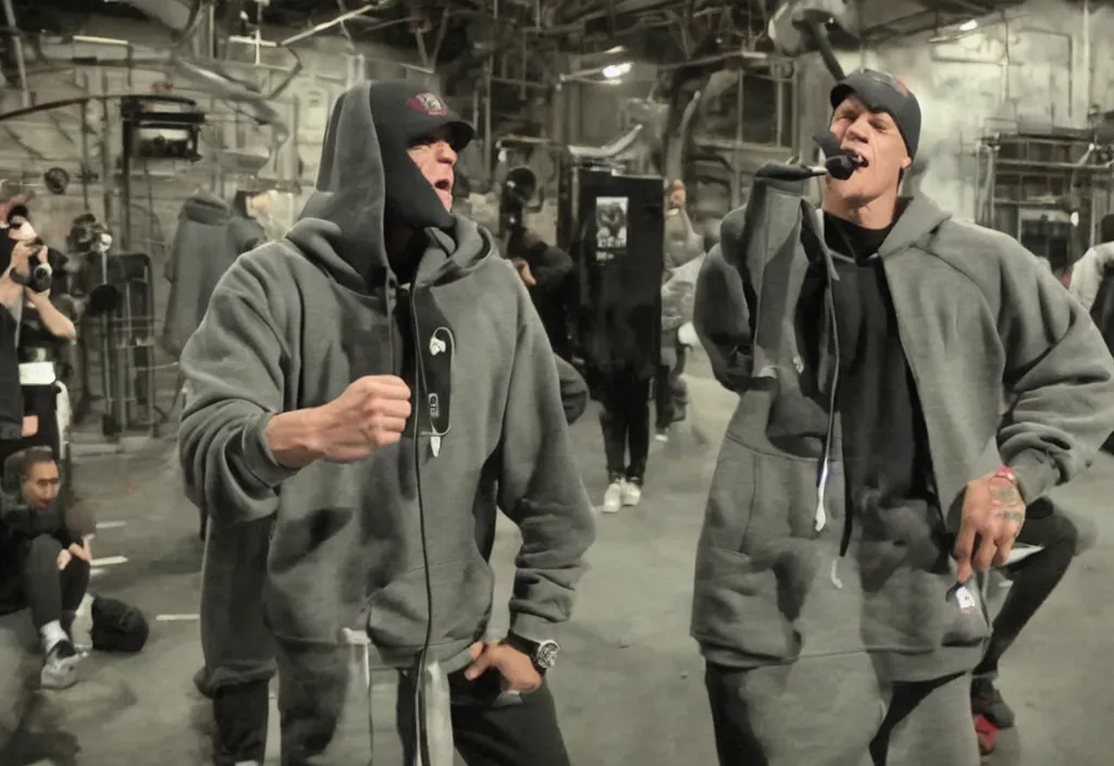 Image similar to john cena with a gray cap and a gray hoodie with the hood on. John Cena rapping in front of a crowd of people. Industrial setting. Lose yourself by eminem music video.