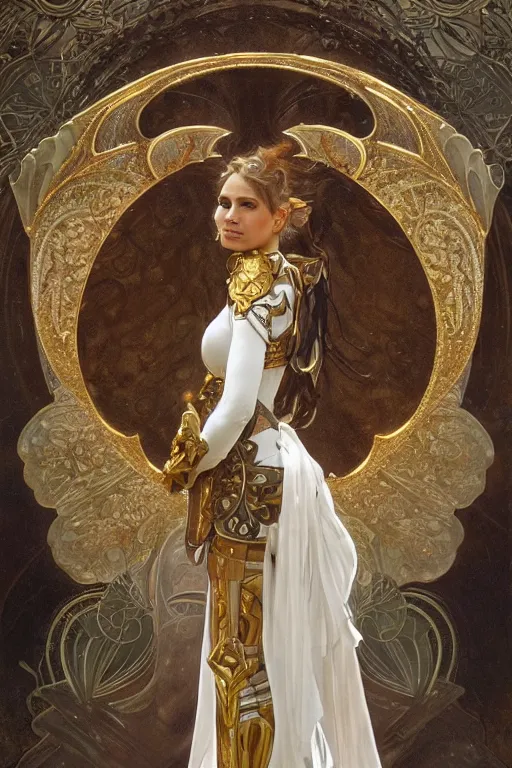 Image similar to full body portrait of a queen wearing white armor with ornate bronze and gold, white gossamer wings, art nouveau, profile, 4K, character concept art, oil painting, trending in artstation, cgsociety, by nekro, Alphonse Mucha, Artgerm, William-Adolphe Bouguereau, Greg Rutkowski