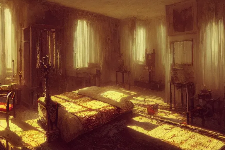 Image similar to bedroom interior, intricate, elegant, highly detailed, john howe, john park, sparth, ruan jia, jeffrey catherine jones