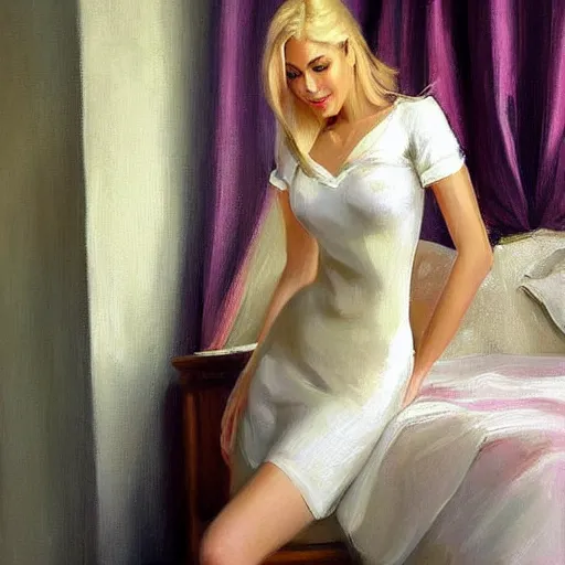 Image similar to tall blonde with curves in the bedroom painting by Vladimir Volegov