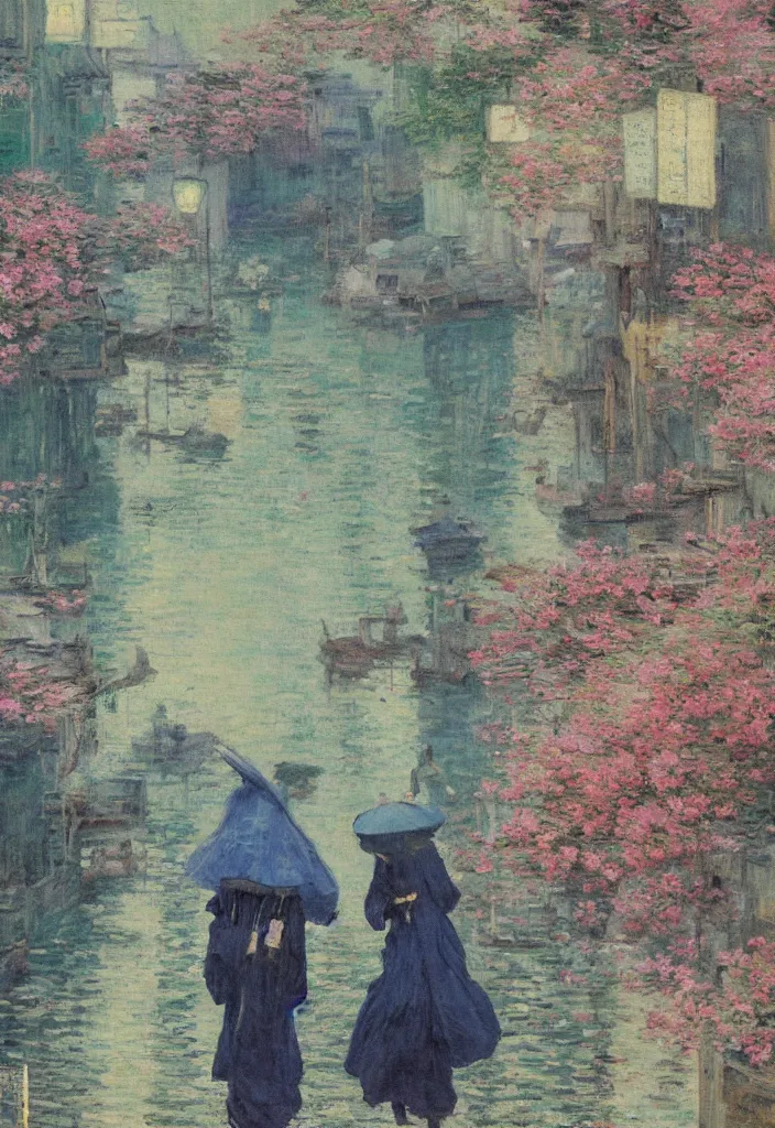 Image similar to a beautiful japanese city near the sea, ryokans and edo era houses, cyberpunk, lofi vibe, colorful, oil painting in impressionist style, by jeremy lipkin, by claude monet, by makoto shinkai, multiple brush strokes, inspired by ghibli, masterpiece, beautiful