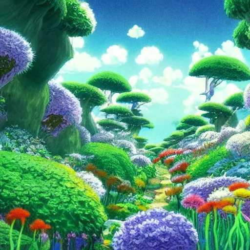 Image similar to flower forest background made by studio ghibli, beautiful scene, creatures