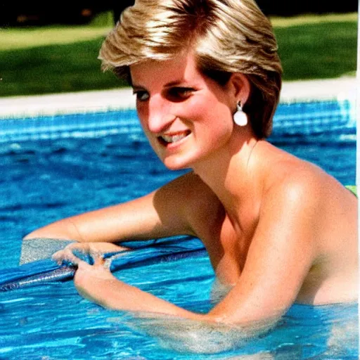 Prompt: found polaroid photo of princess diana laying out by the pool