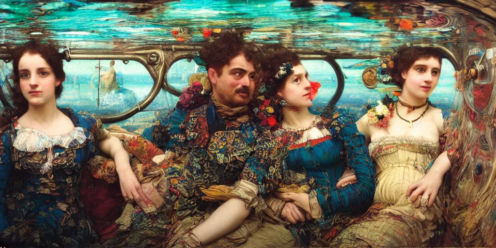 Image similar to detailed colourful masterpiece of photography couple portrait sat down extreme closeup, inside an underwater train, wearing unusual clothes, by william powell frith and ford maddox brown and frederic leighton and john william waterhouse