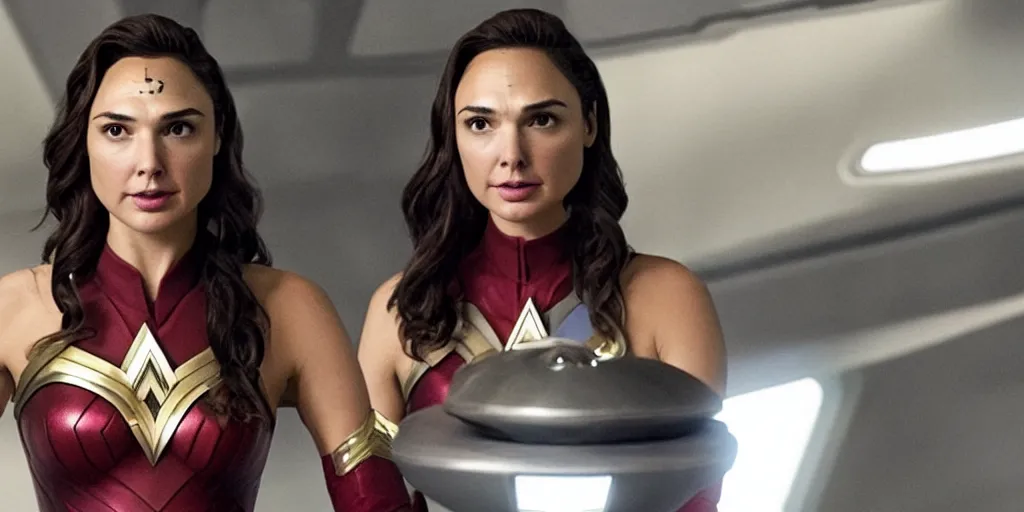 Image similar to Gal Gadot, in full starfleet uniform, is the captain of the starship Enterprise in the new Star Trek movie