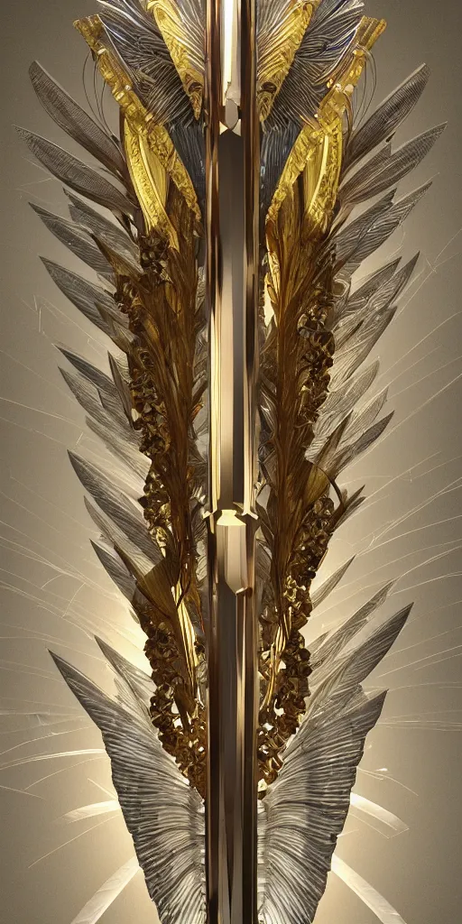 Image similar to beautiful physical detailed render of a sacred bow arms made of crystal, the style of louis comfort tiffany, pascal blanche, zigor samaniego, paul pepera, ellen jewett, weapon design, mechanics, weapon model, feather, wing, exquisite, metal, structure, c 4 d, 3 d render,, unreal engines, light effect, 4 k hd