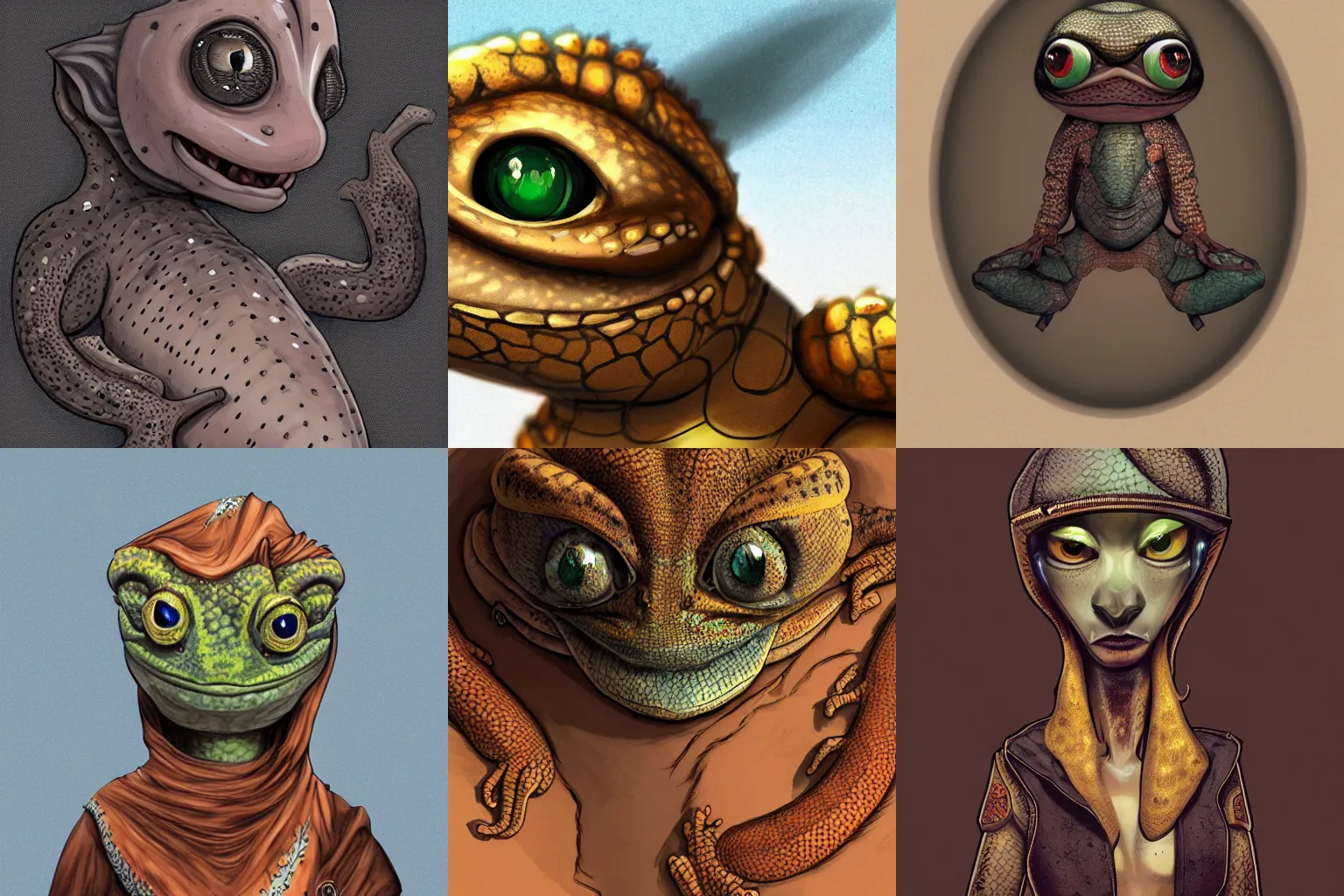 Prompt: anthro gecko, very large oval shaped eyes, desert nomad soldier, highly detailed, illustration, concept art, facing the camera, art by laia lopez.