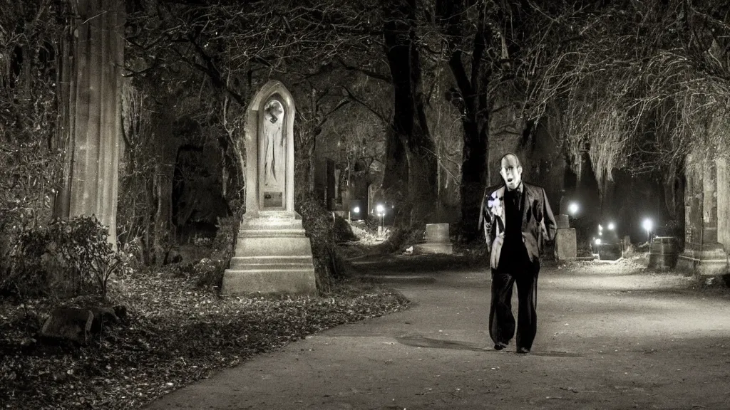 Prompt: a vampire walking in highgate cemetery at night