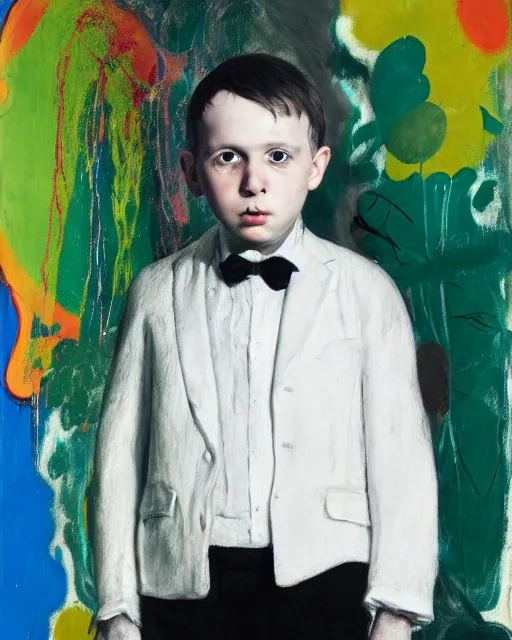 Image similar to portrait of a child in tuxedo painted by vincent lefevre and hernan bas and pablo amaringo and pat steir and hilma af klint, background in high definition 3 d, psychological, photorealistic, dripping paint, washy brush, rendered in octane, altermodern, masterpiece