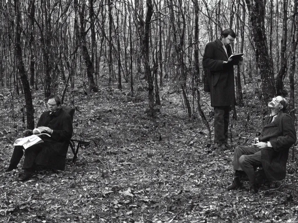 Prompt: portrait of a man with eye glasses reading in the forest. plane in the sky far away. tarkovsky