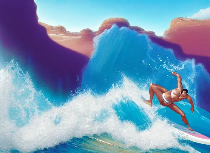 Prompt: a beautiful digital painting of a Duke Kahanamoku surfing a dangerous white and royal blue tsunami at Antelope Canyon on a chic surfboard at Pamukkale, thermal waters flowing down gold travertine terraces by greg rutkowski, award winning photo, ethereal and dreamy pink clouds, trending on artstation, highly detailed, unreal engine, octane render